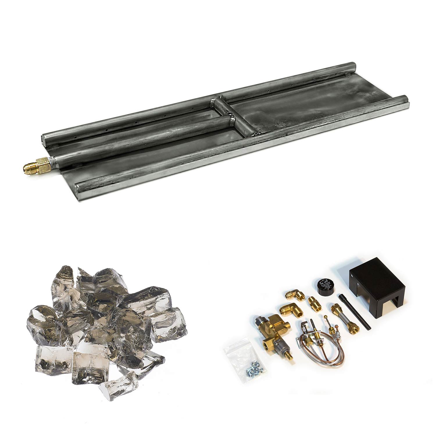 H-style glass burner with dark metal tray, clear and silver glass media, and hardware accessories
