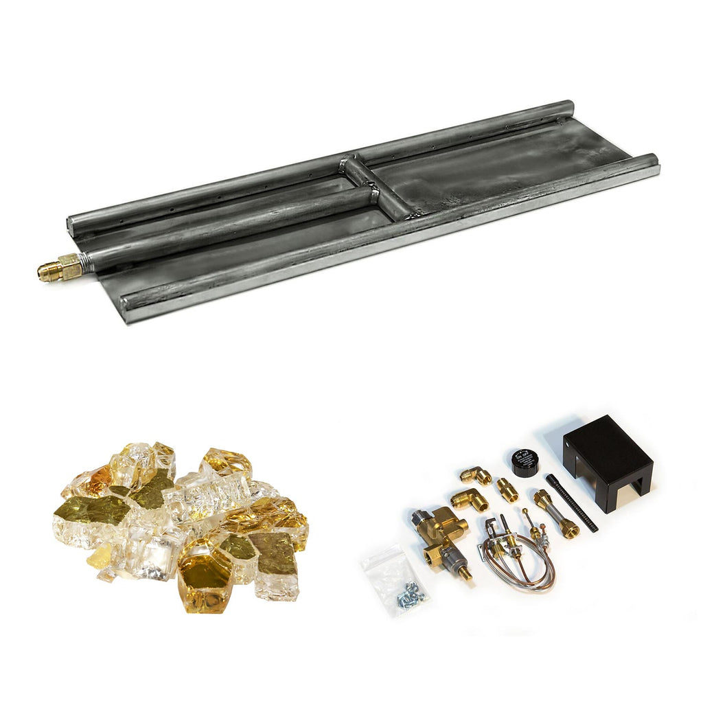 H-style glass burner with dark metal tray, amber and clear glass media, and hardware accessories