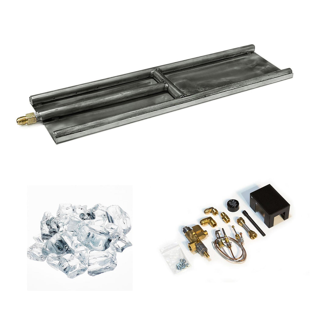 Stainless steel H-style glass burner with clear ice media and assorted brass ignition parts