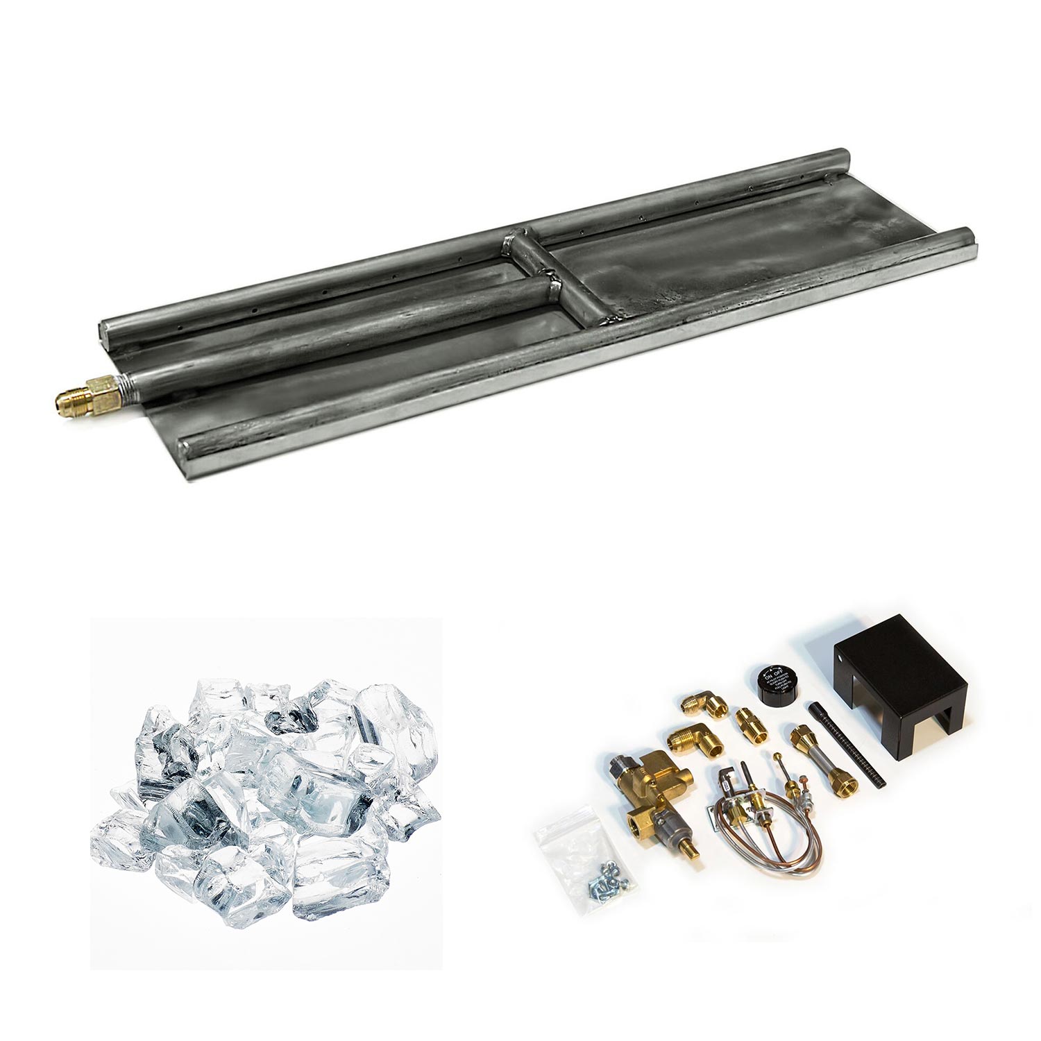 Stainless steel H-style glass burner with clear ice media and assorted brass ignition parts