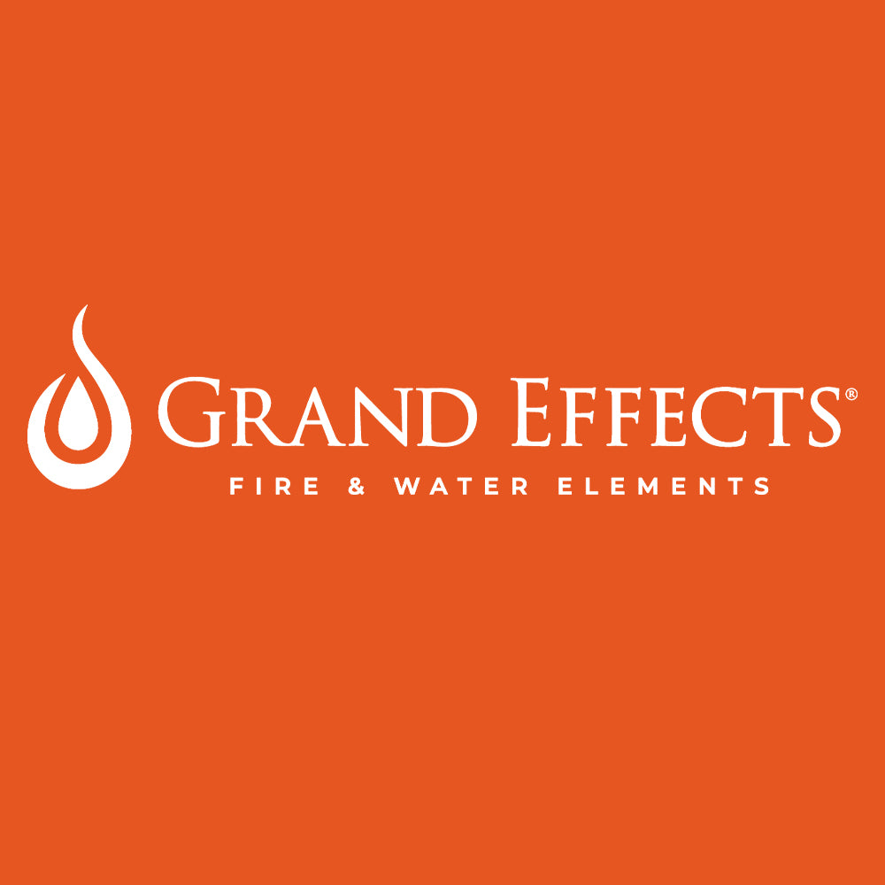 Polyester fire pit cover with Grand Effects logo text