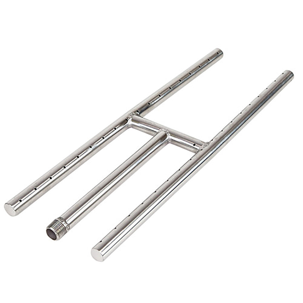 Stainless steel H-burner with two parallel tubes and open burner ports