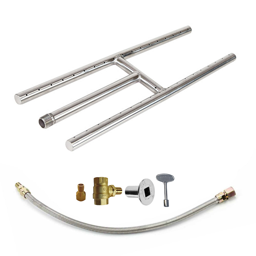 Stainless steel H-burner kit with two burners and gas hose with brass connectors