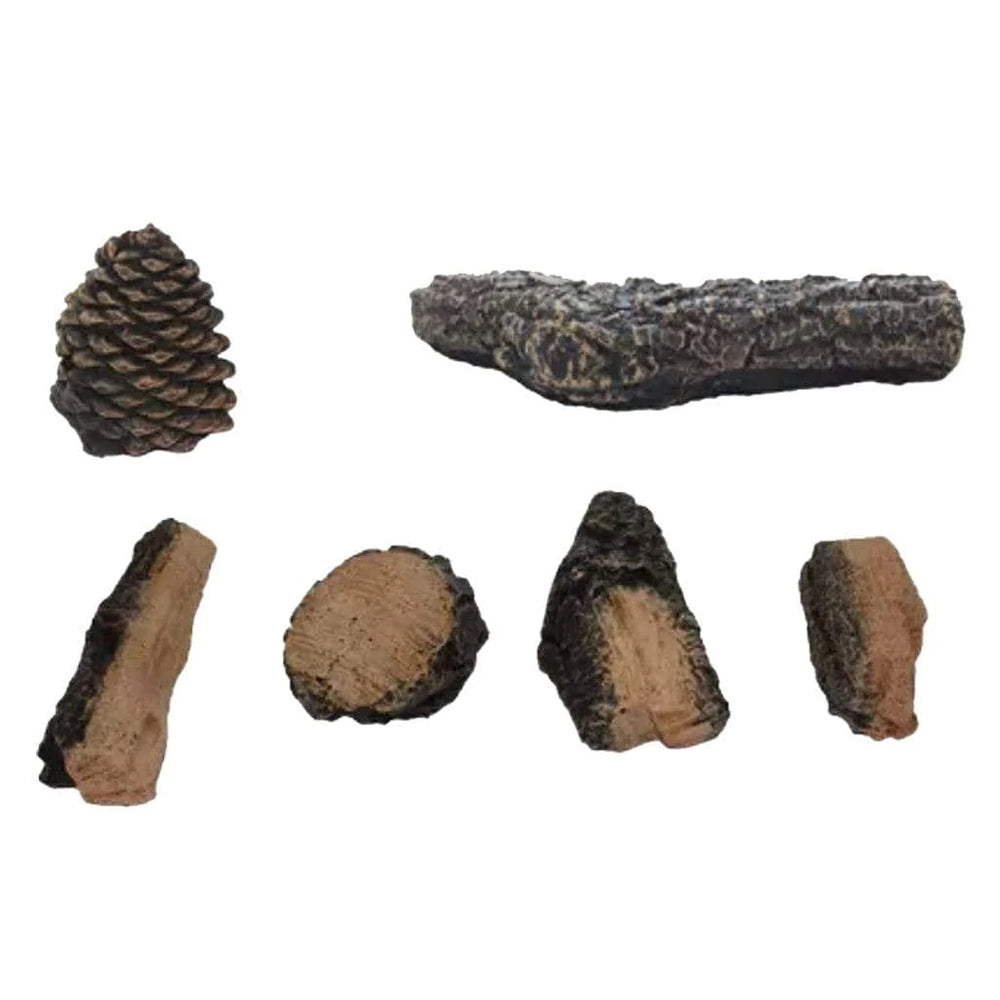 Fireplace media kit with pinecone and faux log pieces, assorted dark brown stones