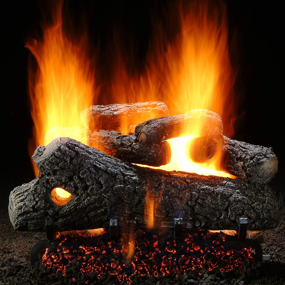 Vented gas log set with burning oak-style logs, embers, and bright flames