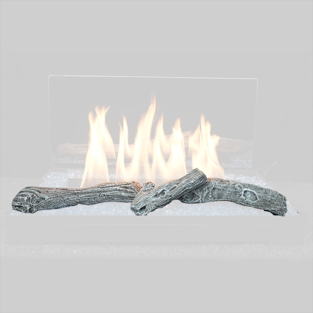Driftwood twig kit for vent-free burner, gray faux logs with visible flames behind glass