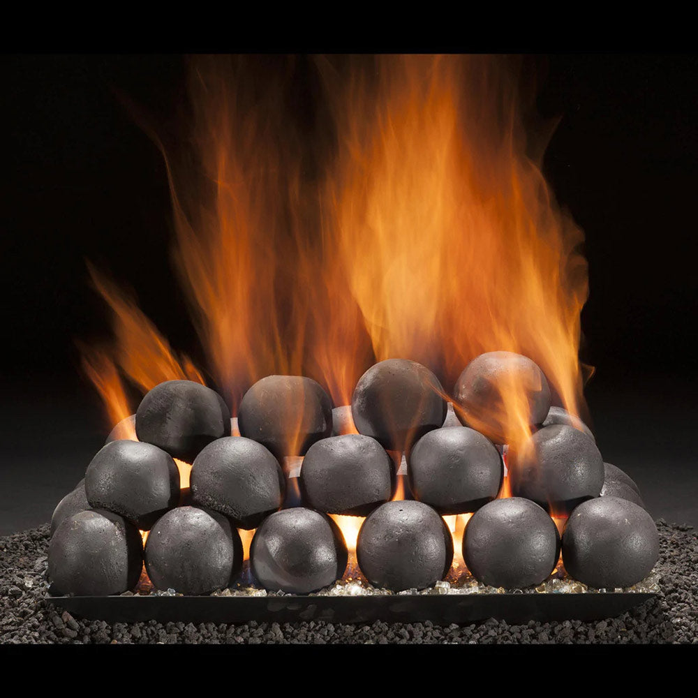 Cannon ball fire pit filler, dark round pieces with flames rising