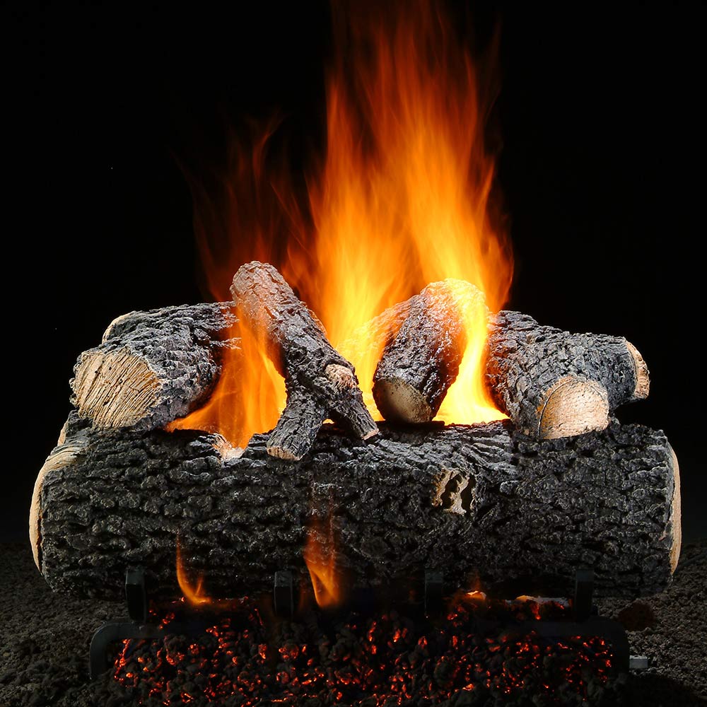 Hargrove vented gas logs with burning oak-style logs and bright flames