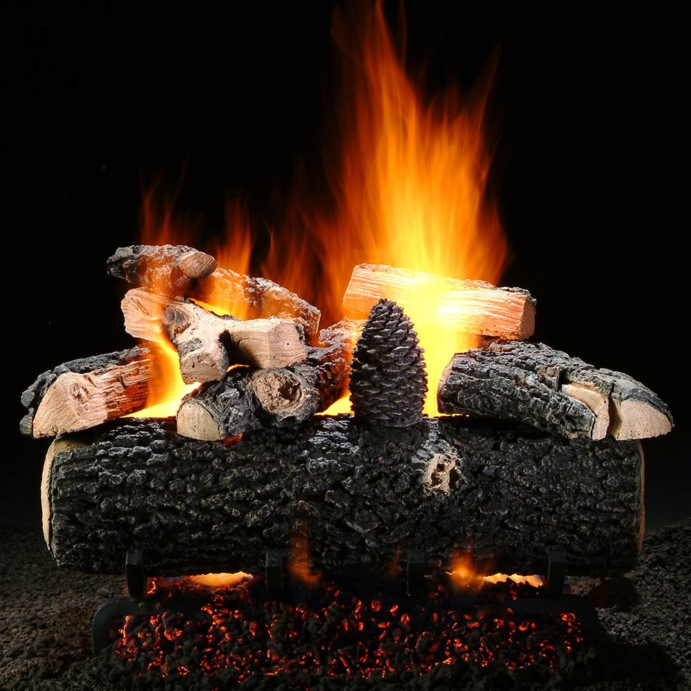 Vented gas log set with dark logs, glowing embers, and visible flames