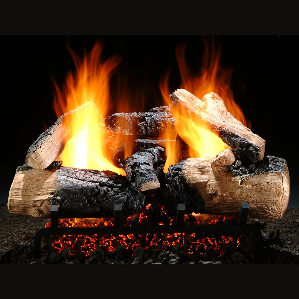 Vented gas logs with glowing embers and yellow-orange flames