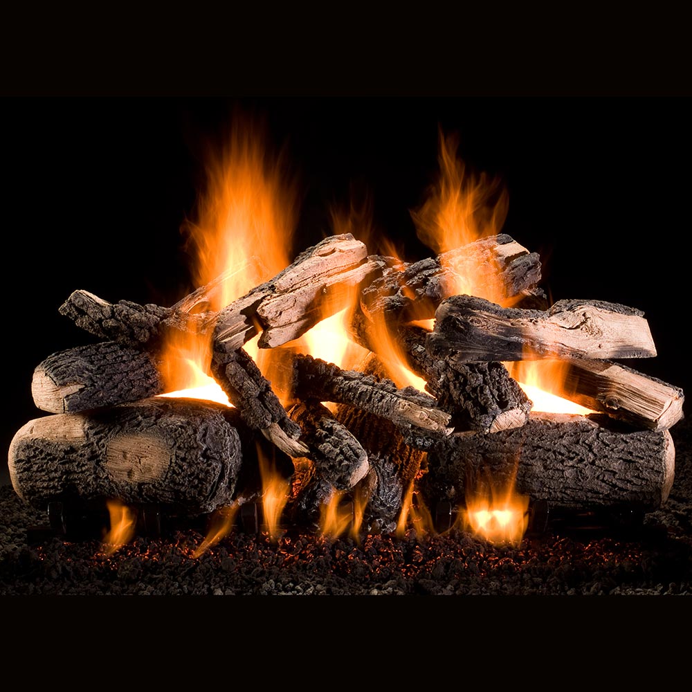 Burning vented gas log set with split wood pieces and glowing flames