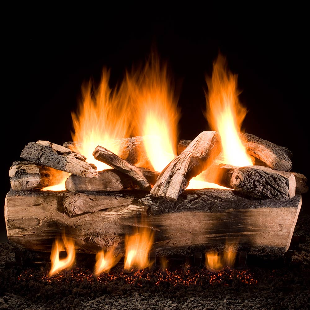 Vented gas log set with split wood pieces and flames burning inside log bed