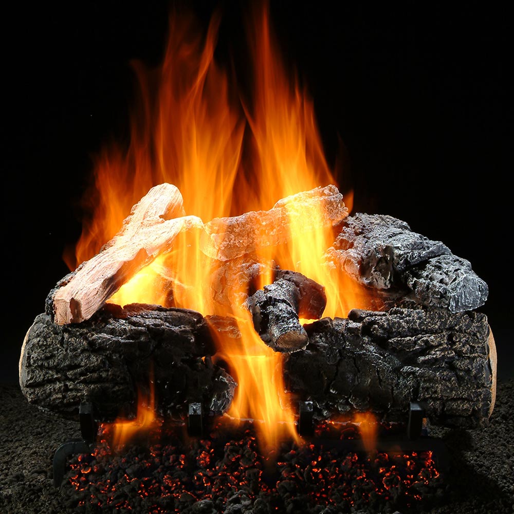 Vented gas logs with glowing embers and open flames
