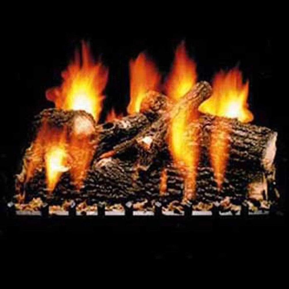 Vented gas log set with burning flames and charred oak-style logs