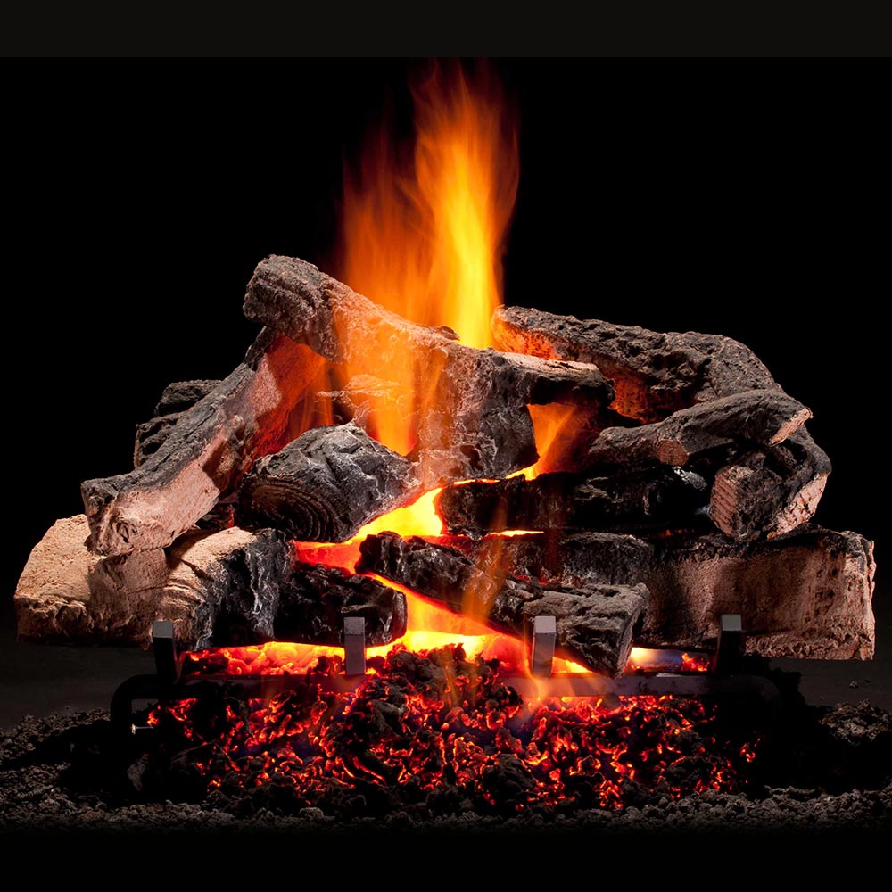 Rustic vented gas logs with glowing embers and visible flames