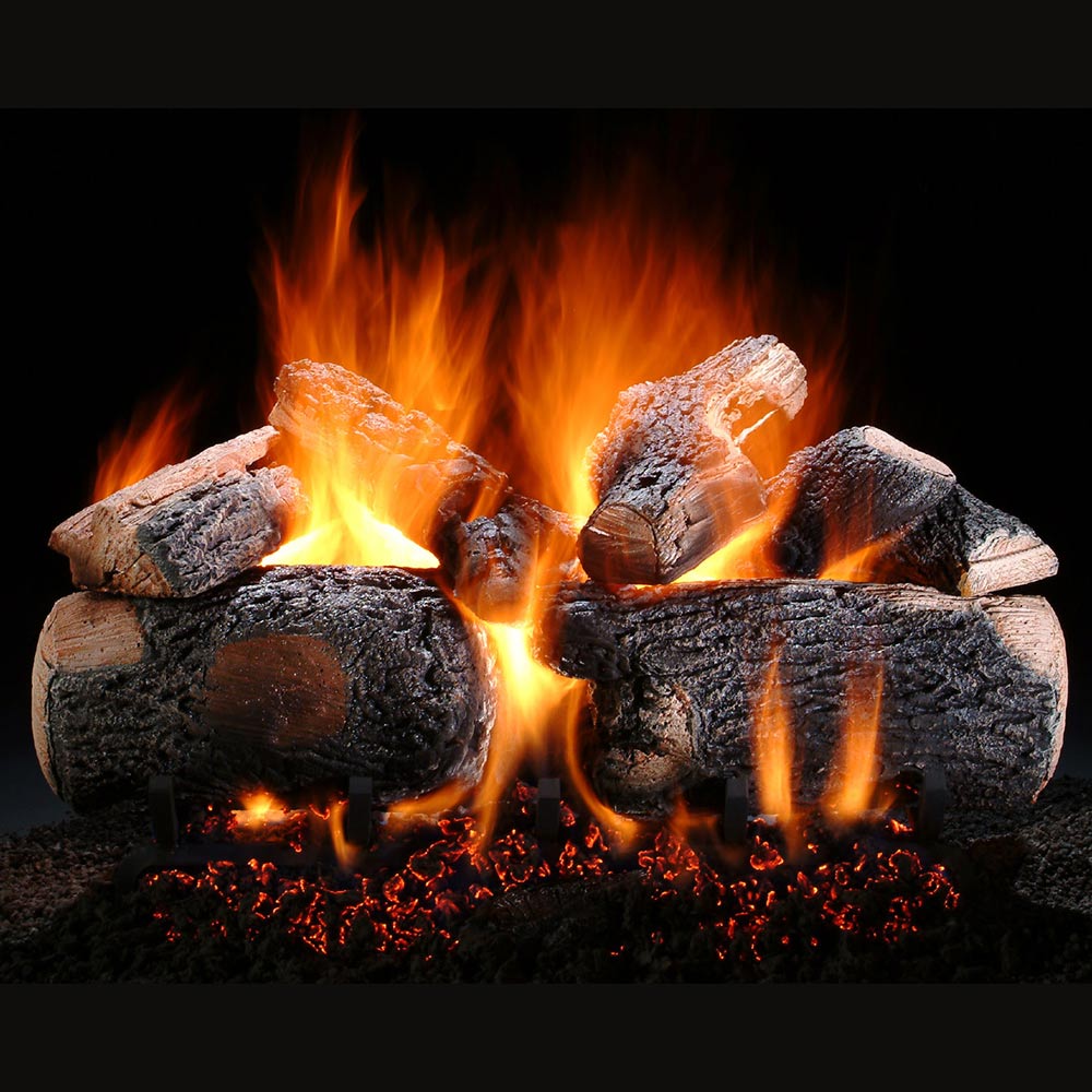 Vented gas logs with burning flames