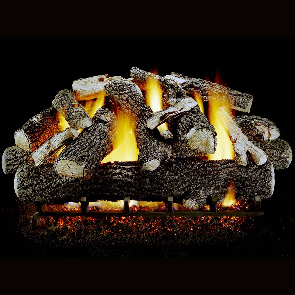 Vented gas log set with glowing embers and stacked logs, burning flames