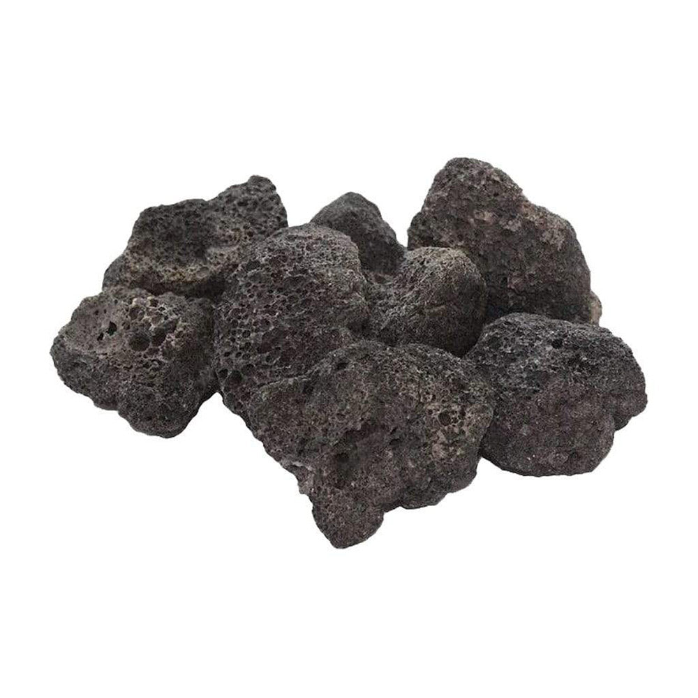 Volcanic cinder rock pieces, dark gray to black, rough porous texture