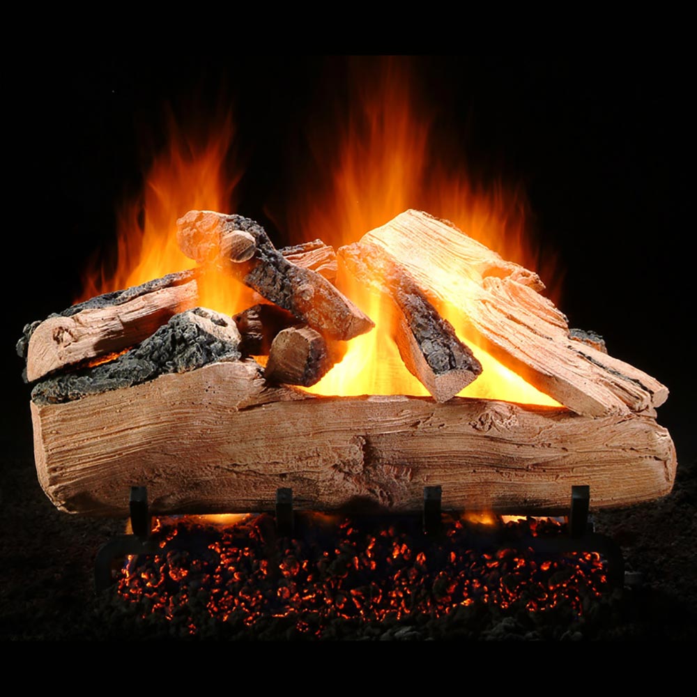 Vented gas logs with glowing embers and burning wood logs