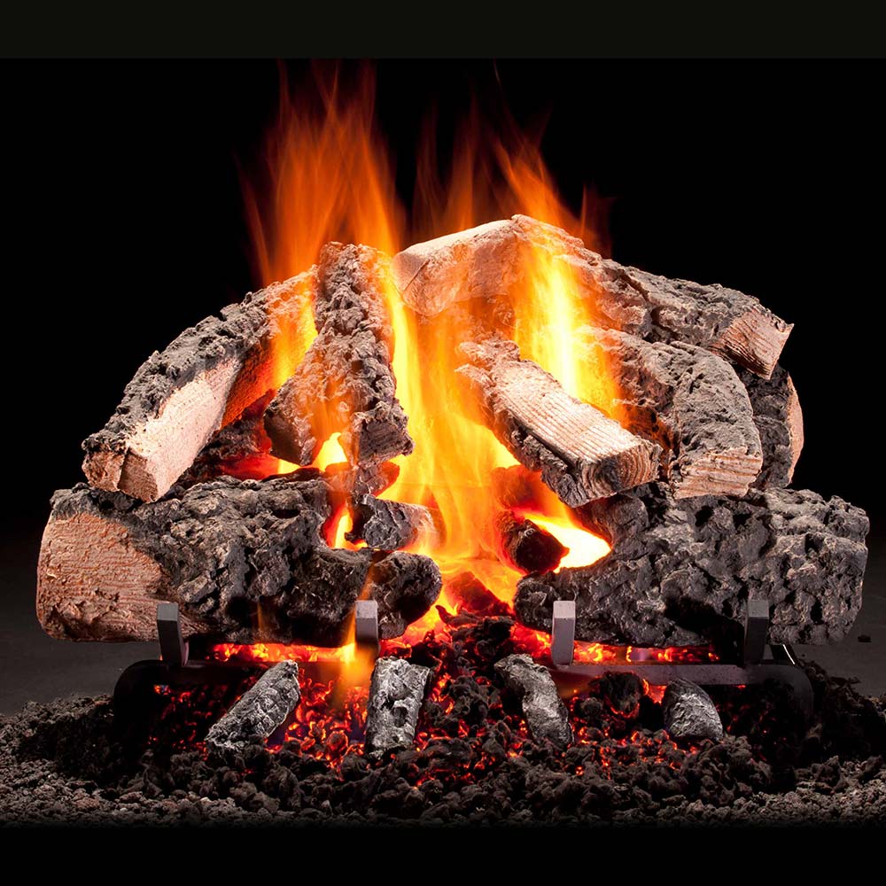 Vented gas log set with glowing flames and split wood pieces