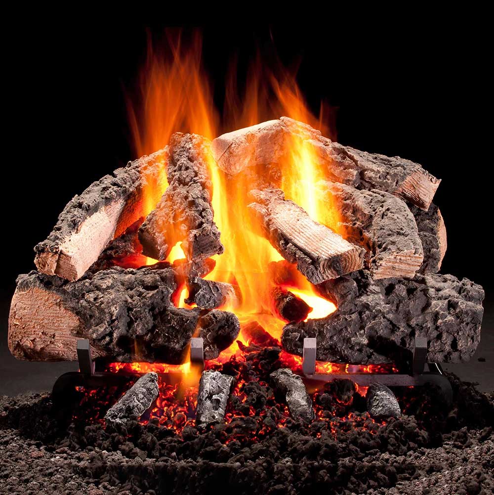 Wood-effect gas log set with burning flames and stacked vented logs