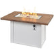 Linear gas fire table, driftwood top and white base with lit glass burner