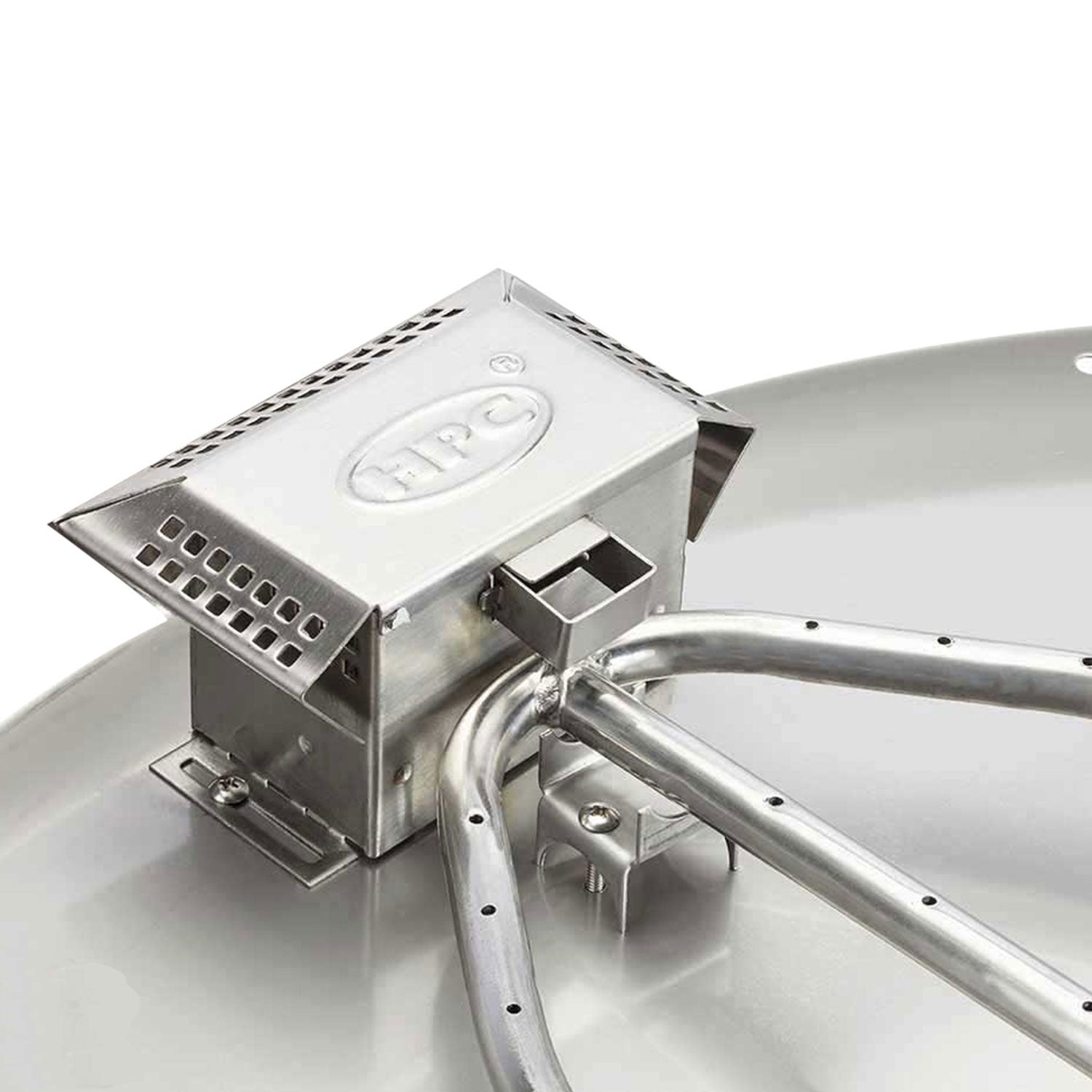 Stainless steel burner housing with curved gas lines and mounting brackets