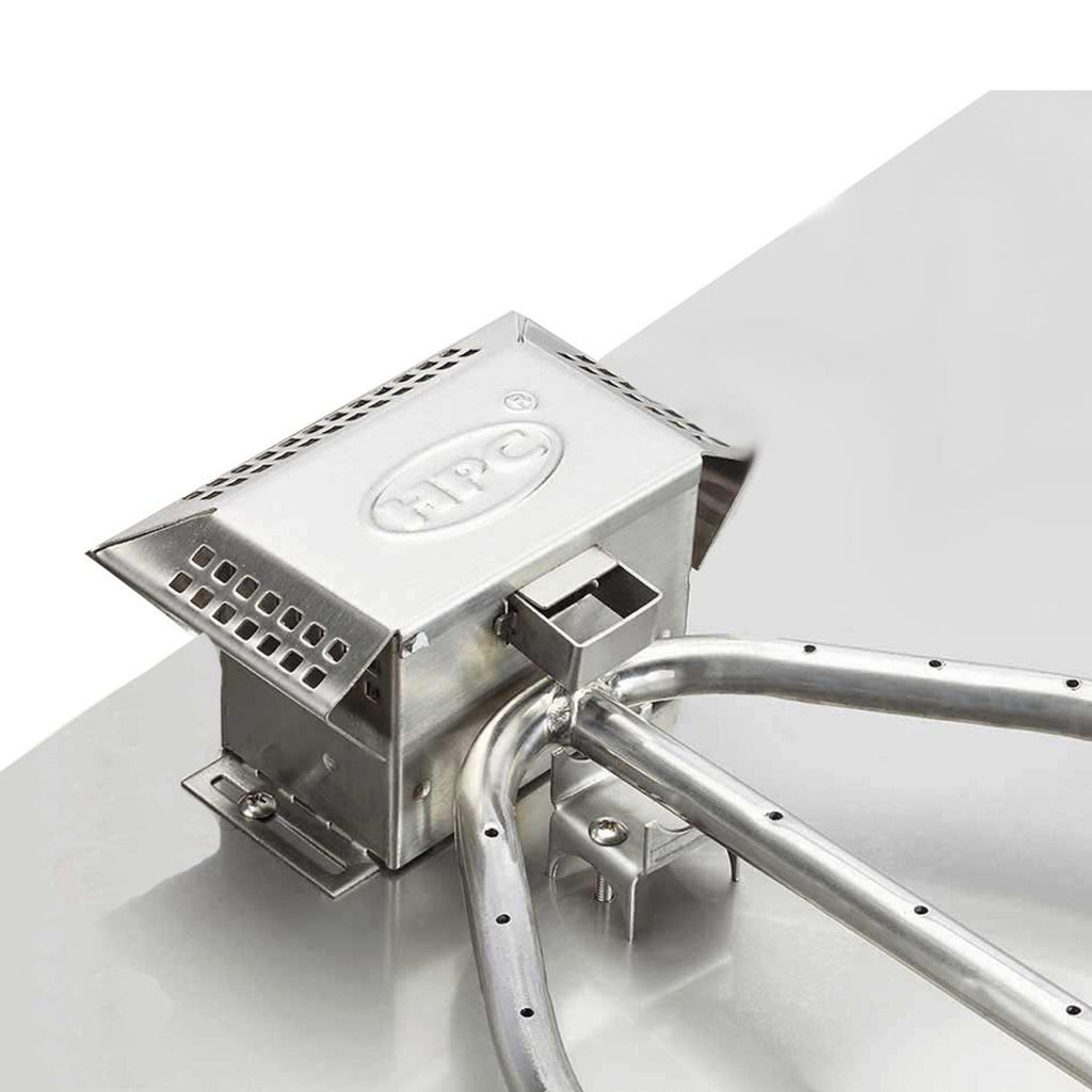Stainless steel gas burner head with protective cover and connected valve fittings