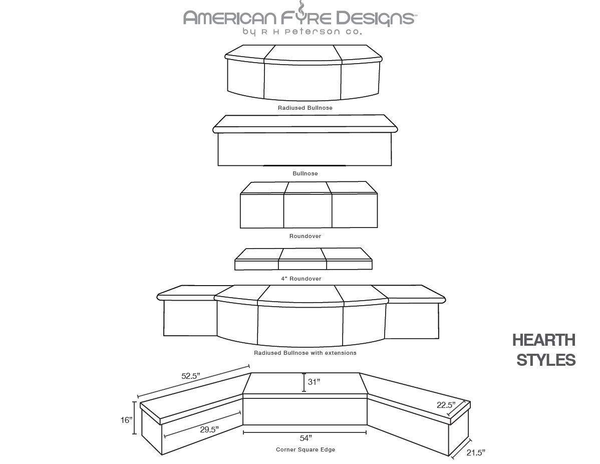 Hearth style parts diagram with layered components and measurements