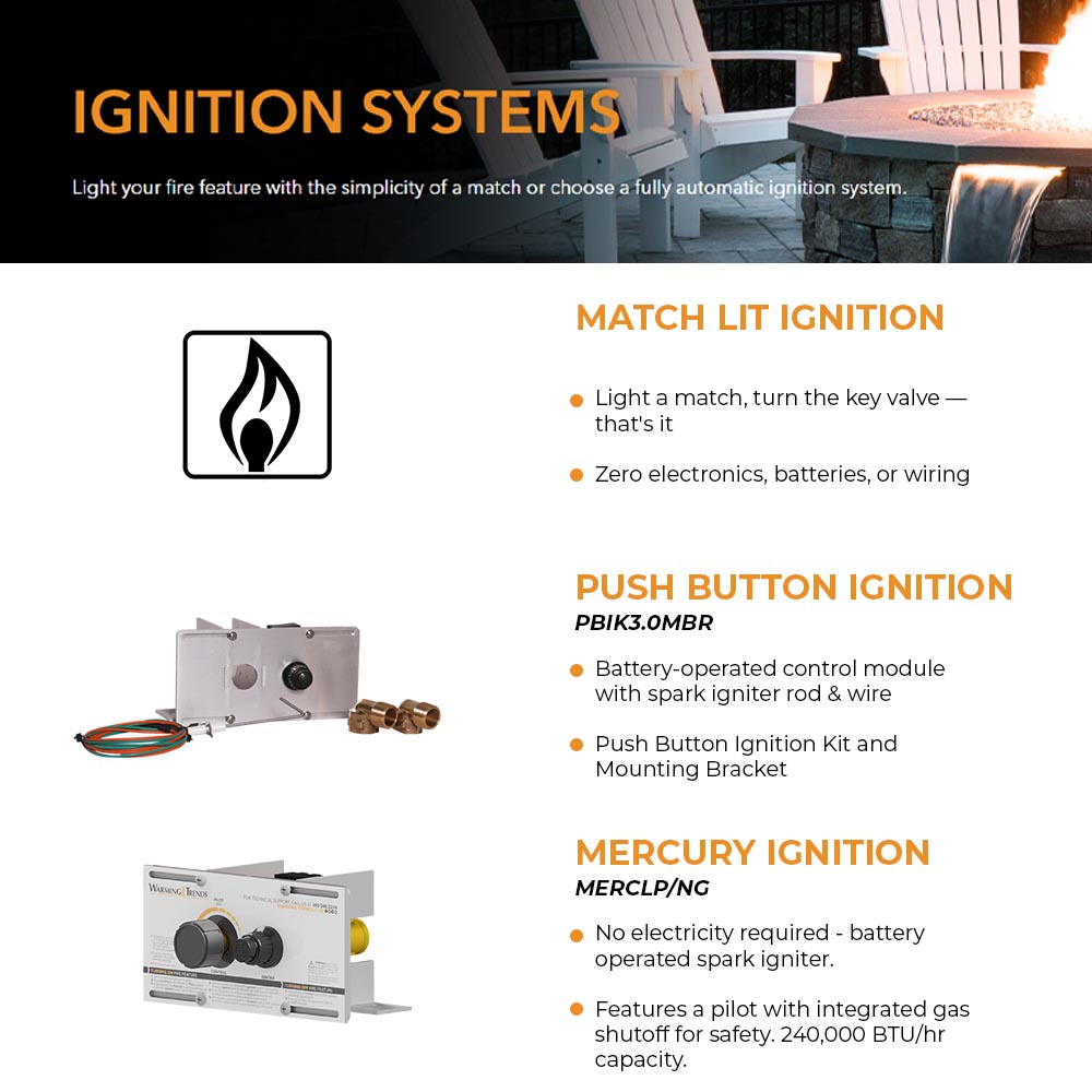 Fire pit ignition systems chart showing match light and push button ignition