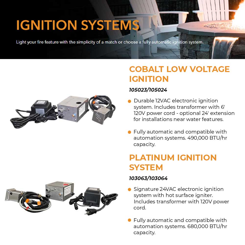 Fire pit ignition systems chart showing cobalt low voltage and platinum ignition