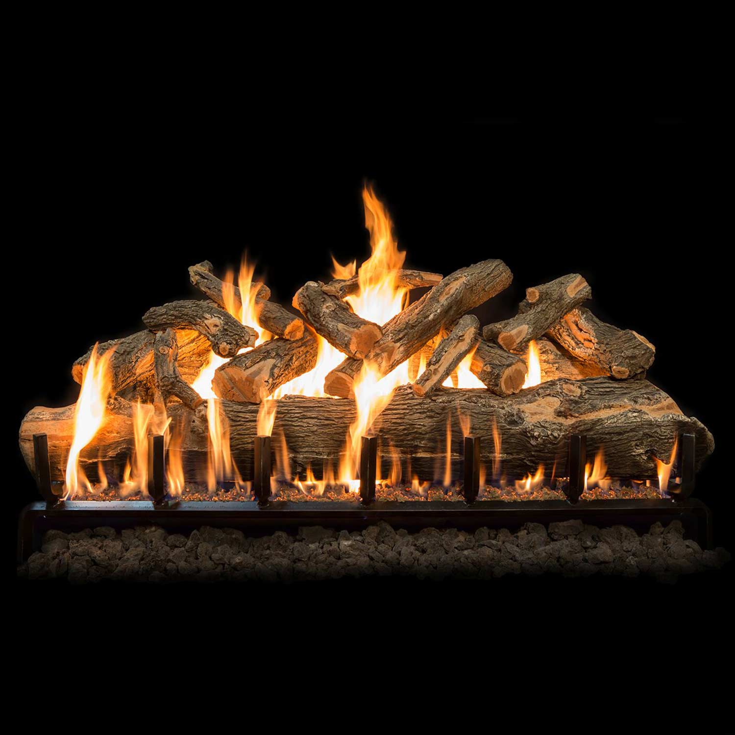 Weathered oak gas log set with burning flames and stacked logs