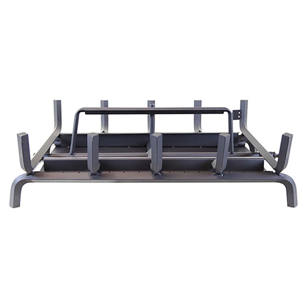 Jumbo burner system base with protective rails and control frame, dark and silver metal