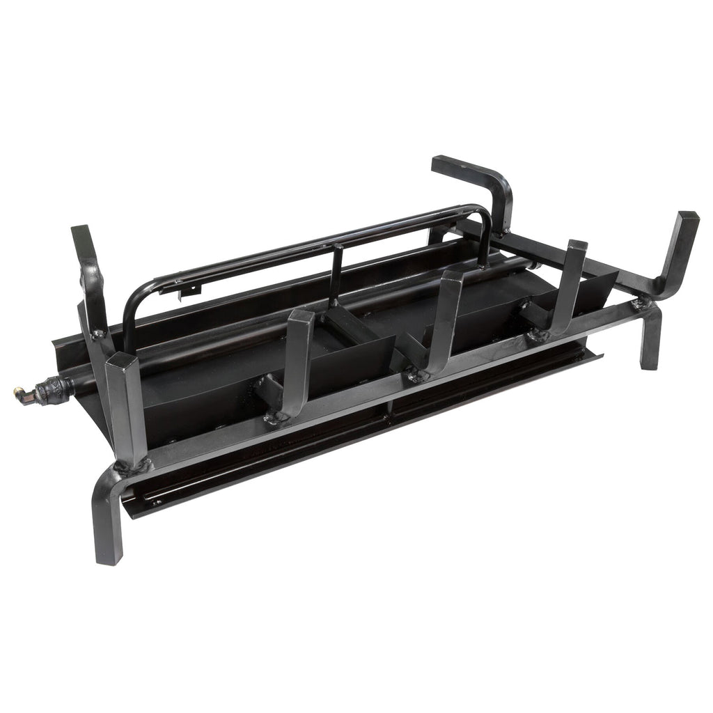 Jumbo burner system with black metal grate and frame, gas valve connections