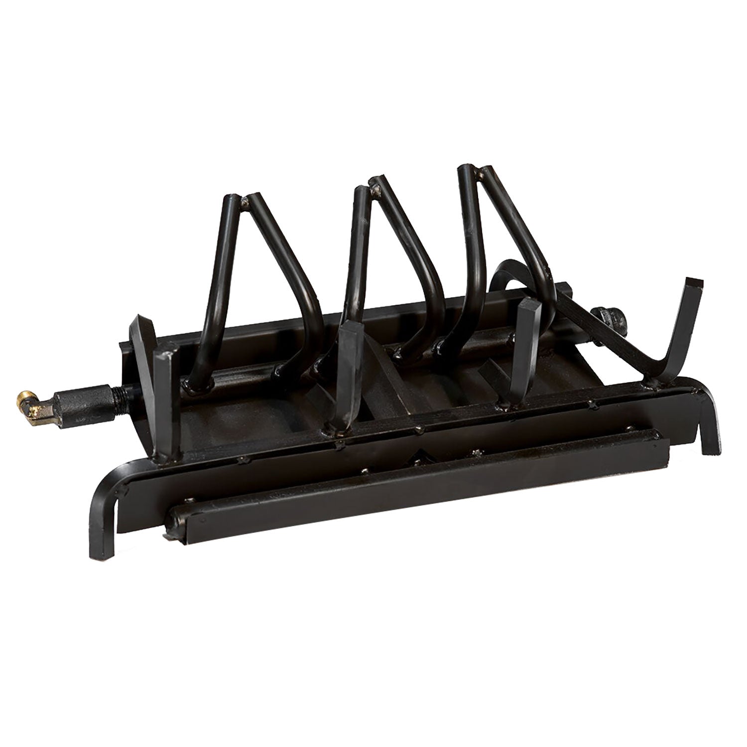 Propane gas burner system with three dark metal tubes and brass valve fitting