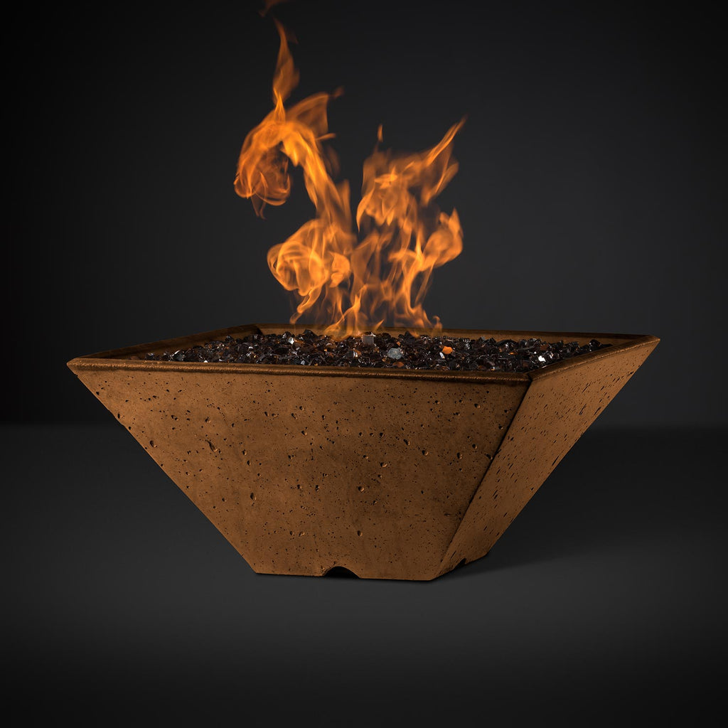 Square fire pit with burning flames, tan speckled bowl at three-quarter angle