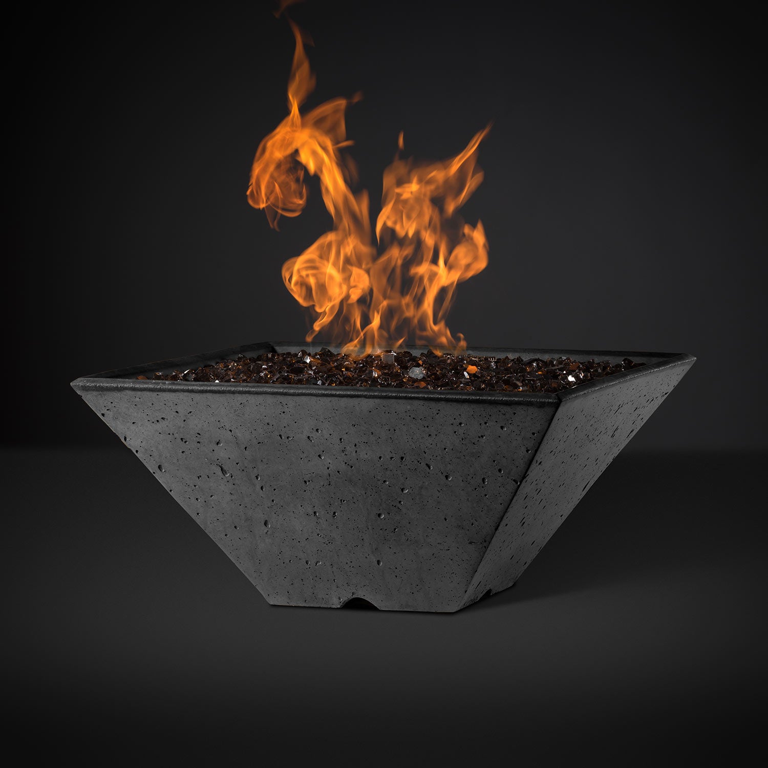 29-inch square fire pit with flames, speckled gray finish