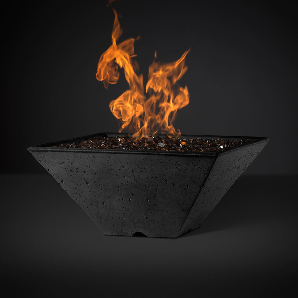 29-inch square fire pit with flames, dark speckled finish