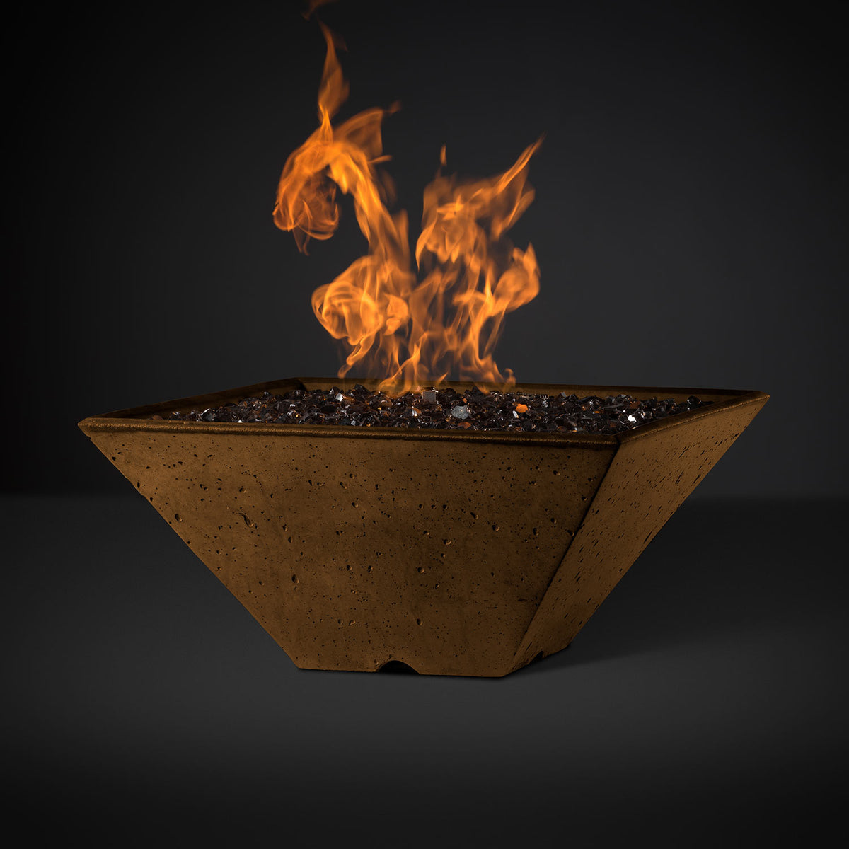 Square fire pit with burning flames, tan speckled bowl and dark firebed