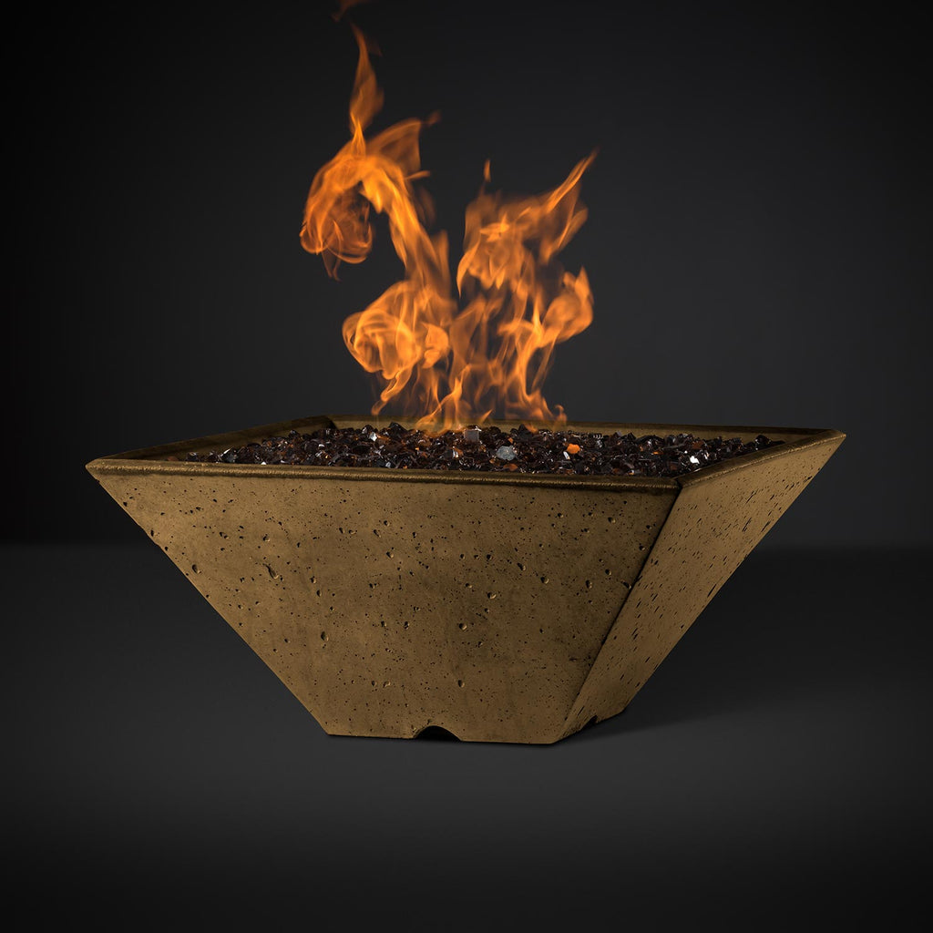 29-inch square fire pit with flames, speckled tan finish