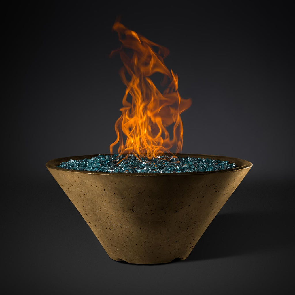 Round fire pit with teal fire bed and orange flames, tan/umber bowl