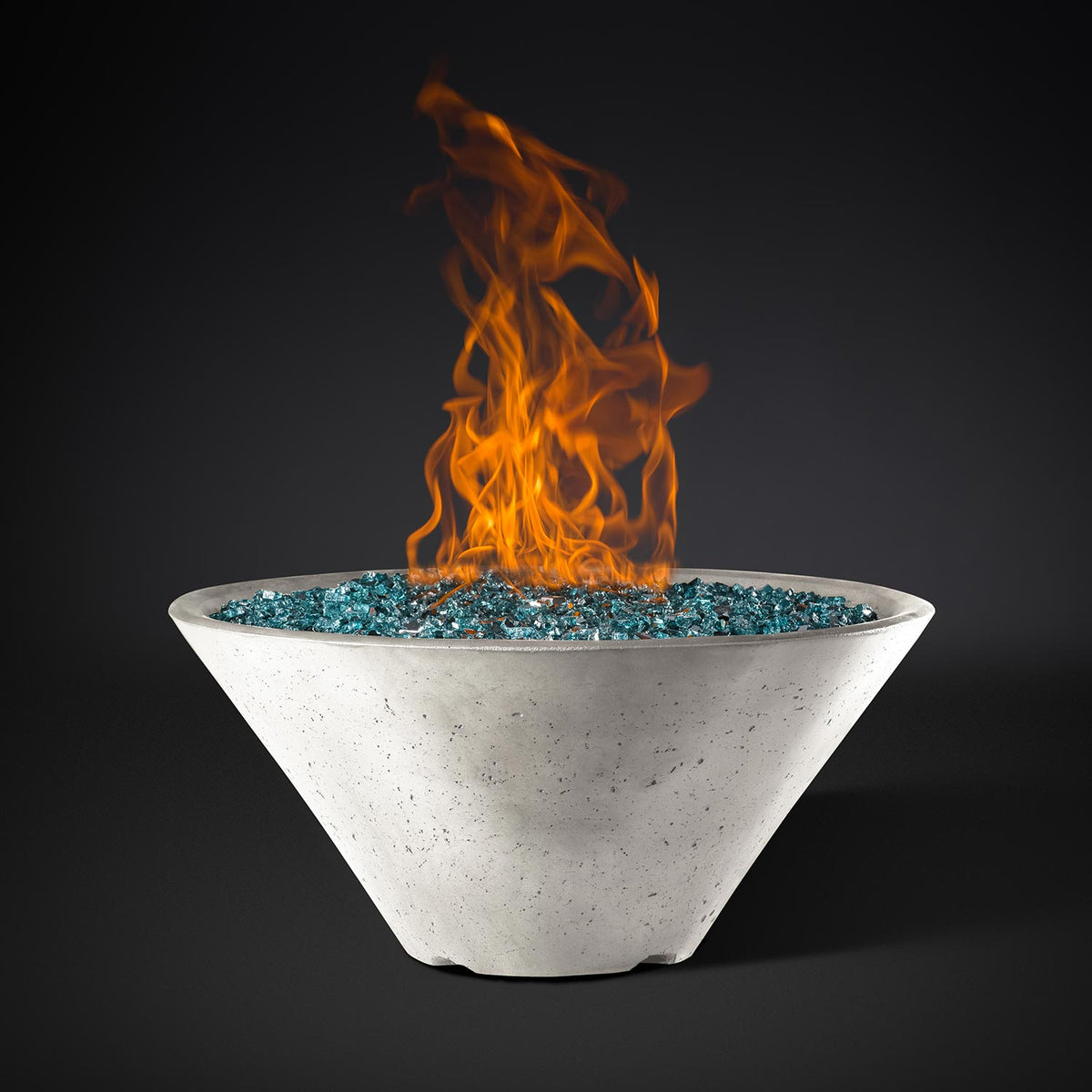 Round fire pit bowl with white/gray finish and blue firebed, orange flames rising.