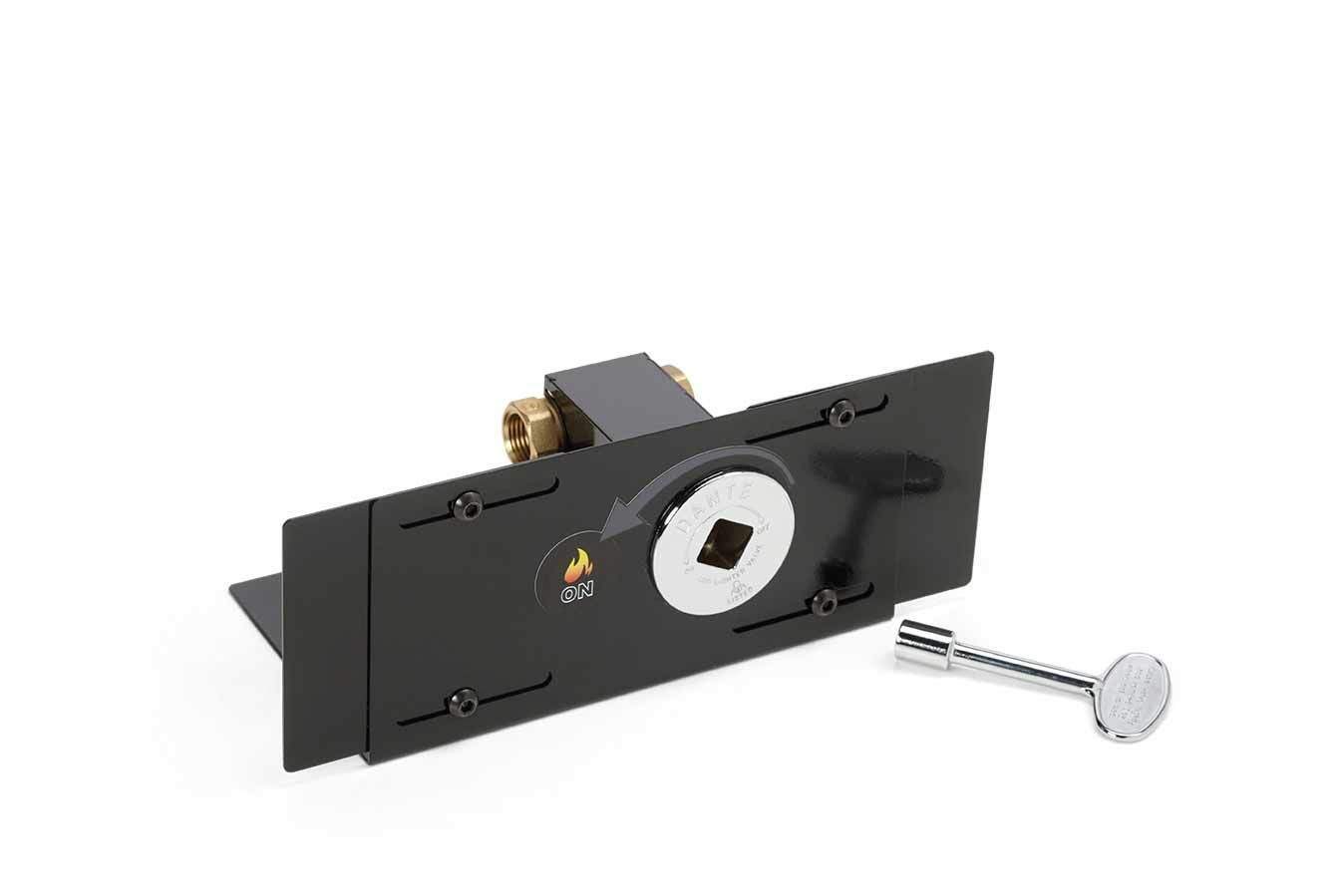 Fire paver block bracket, dark plate with circular lock opening and gold fitting