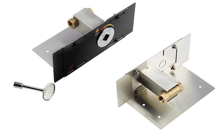 Fire paver block bracket with mounting base, gold fittings, and long metal handle