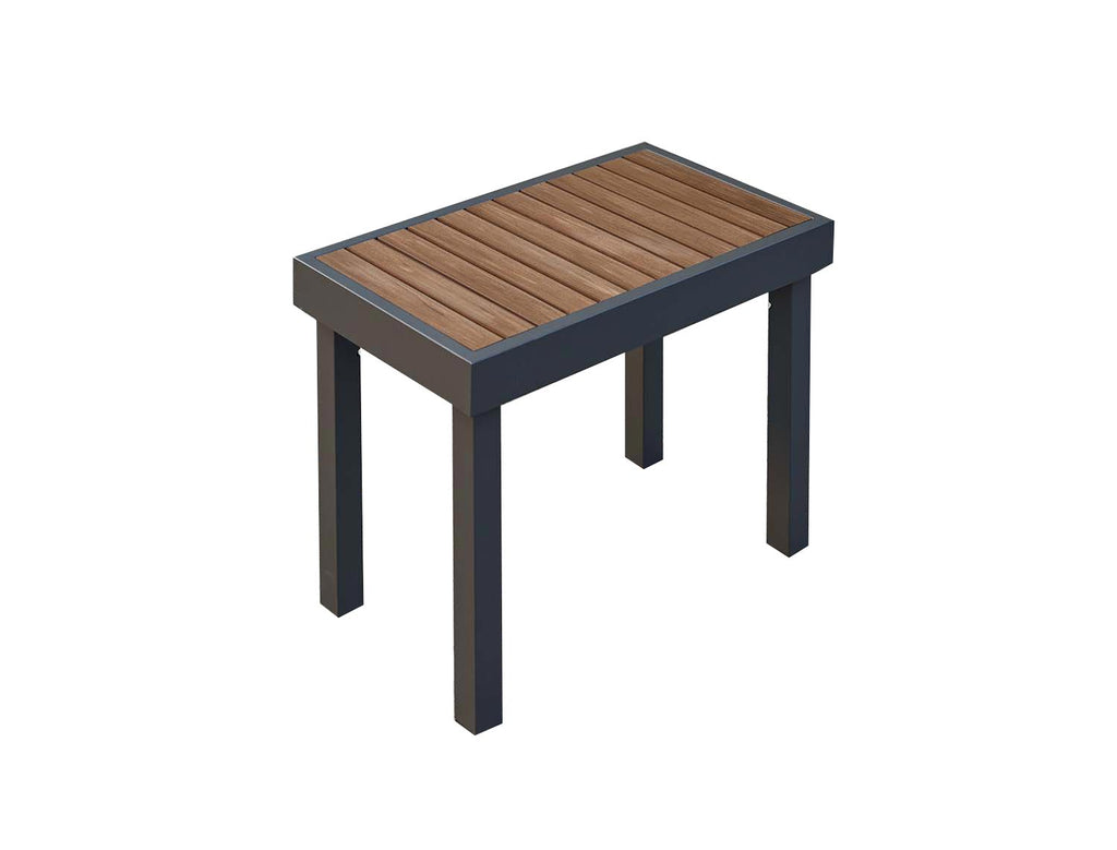 Outdoor patio bench with slatted wood seat and dark metal legs, rectangular frame