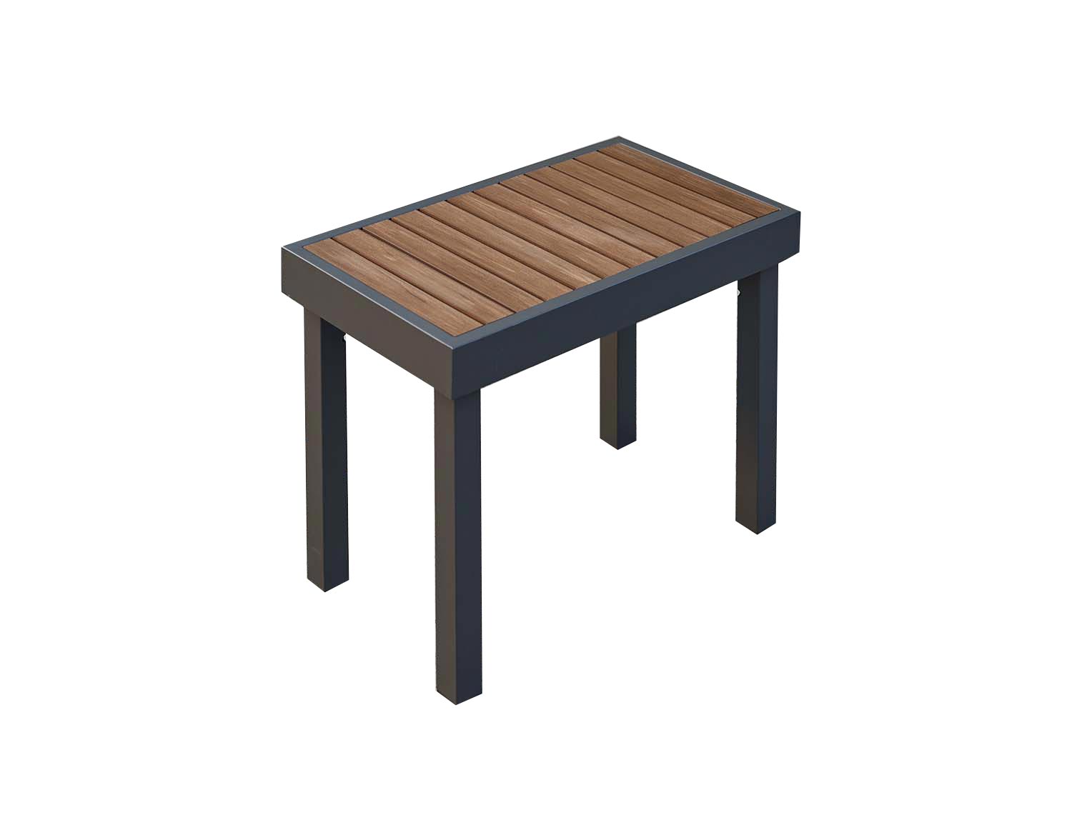 Outdoor patio bench with slatted wood seat and dark metal legs, rectangular frame