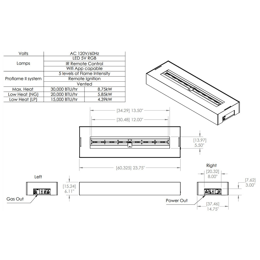 Vented linear drop-in burner technical drawing with dimensions and gas ports