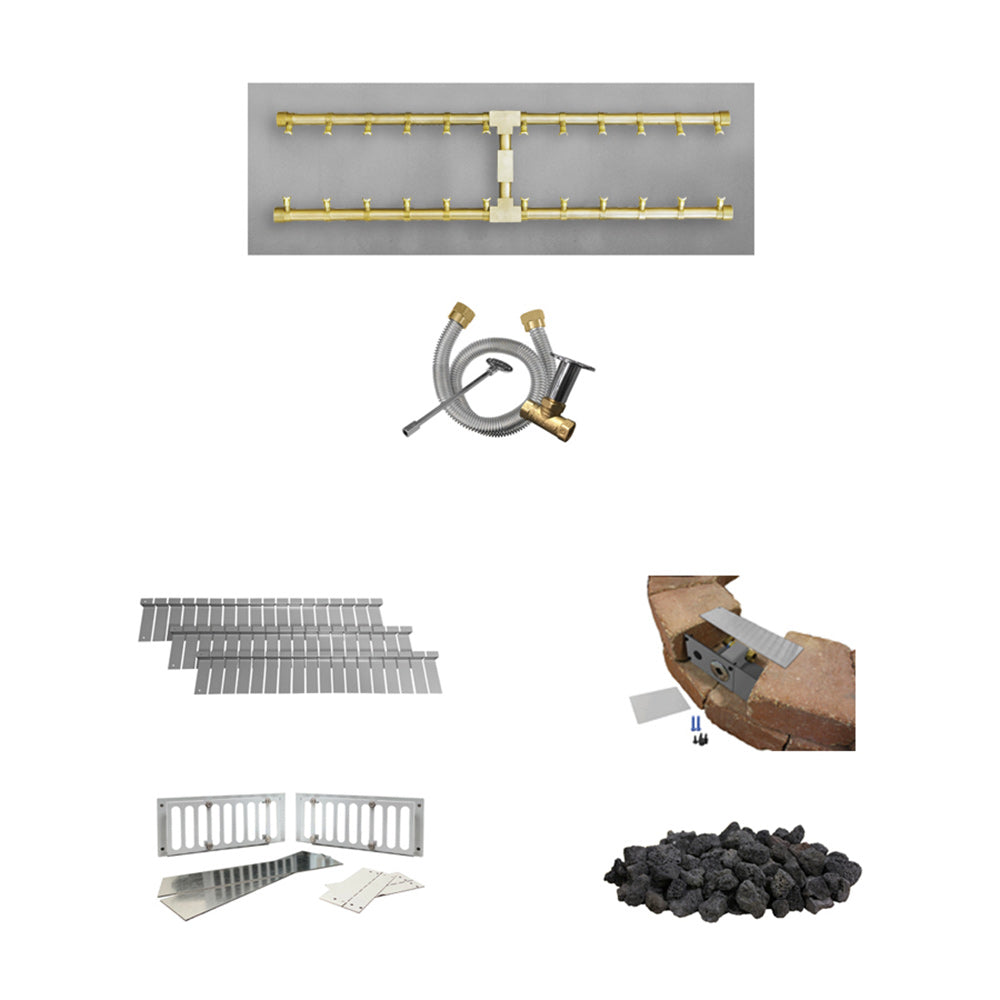 Gas fire pit burner kit showing flat pan and brass H-shaped burner with igniter hose