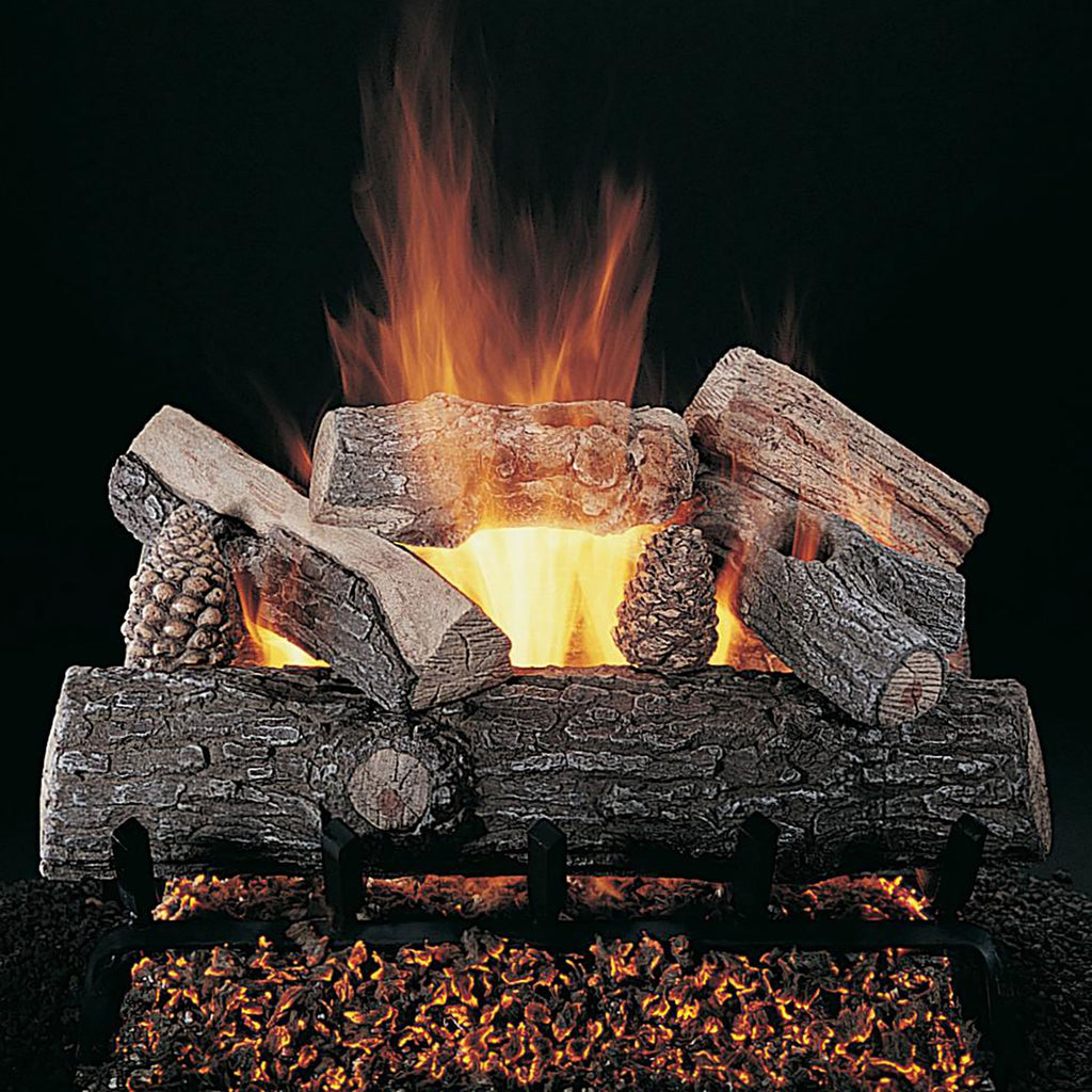Rasmussen LS double-sided gas logs with burning flames on dark log bed