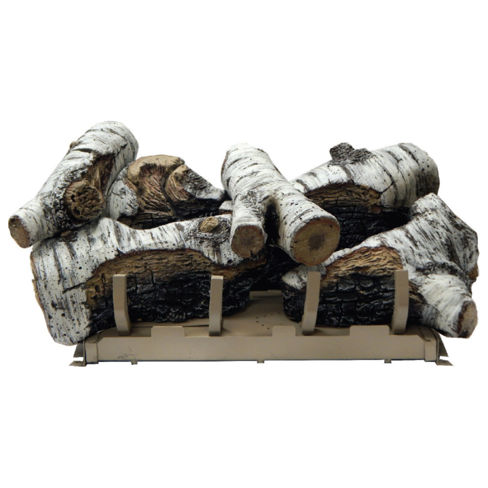 Birch gas log set, white faux-birch logs on metal grate with dark inner logs